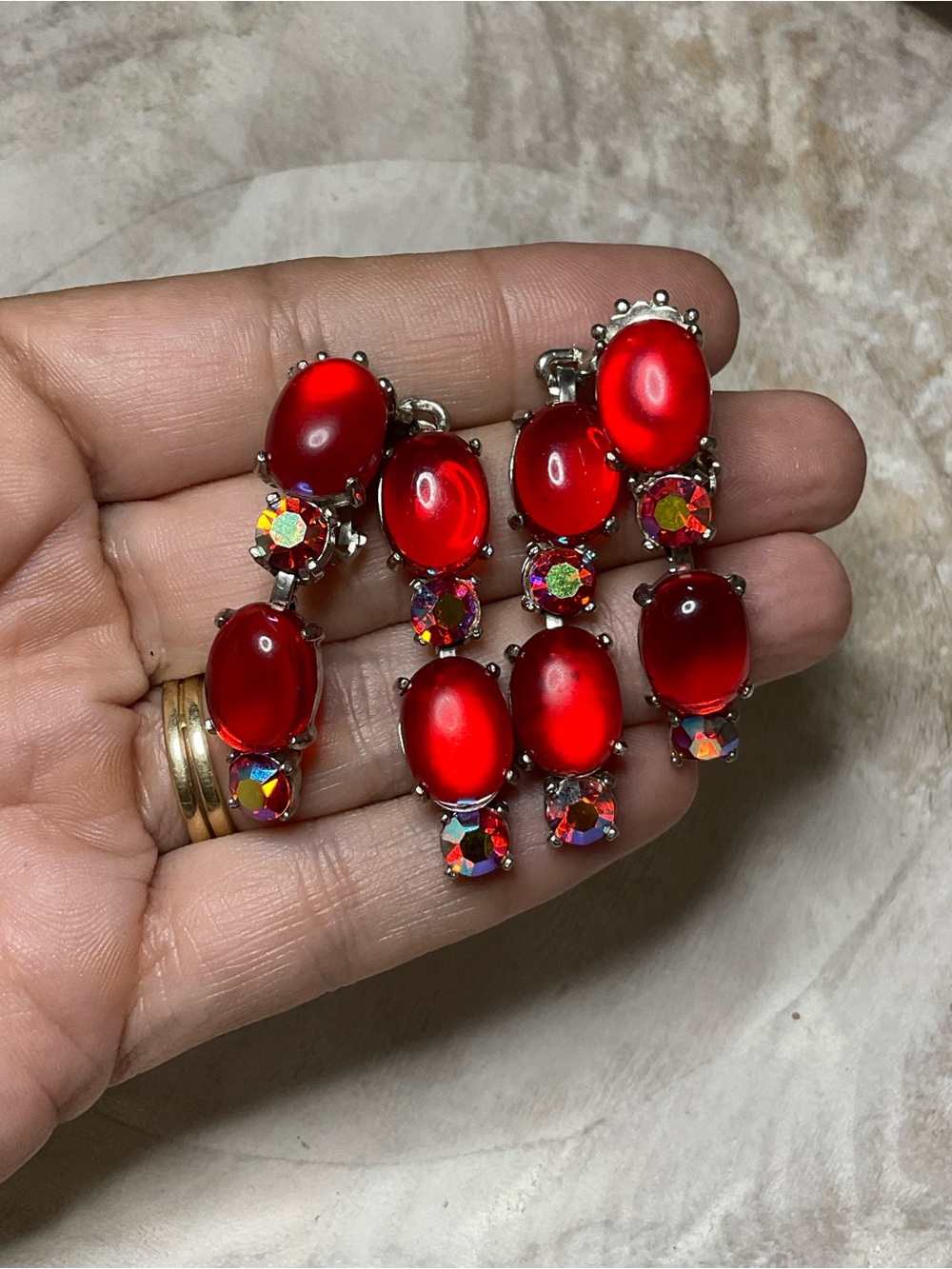 1950s Signed Selro Red Cabochon Statement Earrings